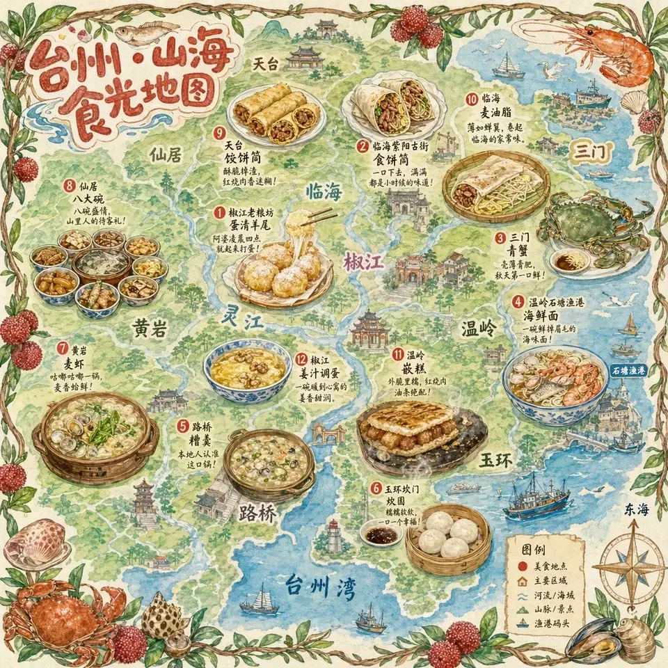 一张手绘风格的城市美食地图，以台州为主题。画面以鸟...