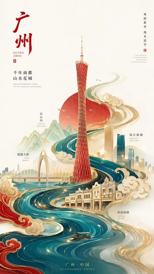极简国潮鎏金广州塔海报