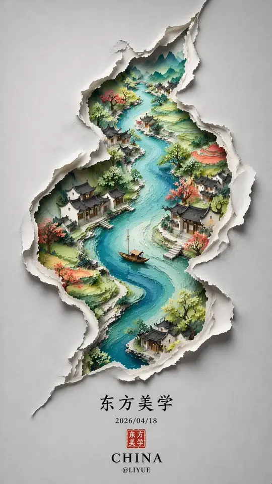 裂痕里的水墨东方山水画卷