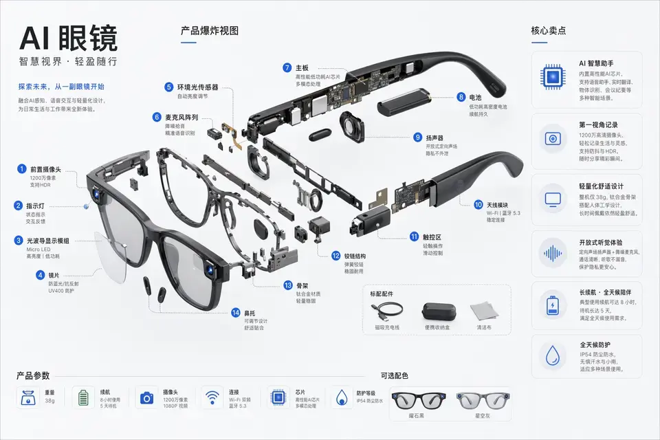 AI 眼镜爆炸拆解图